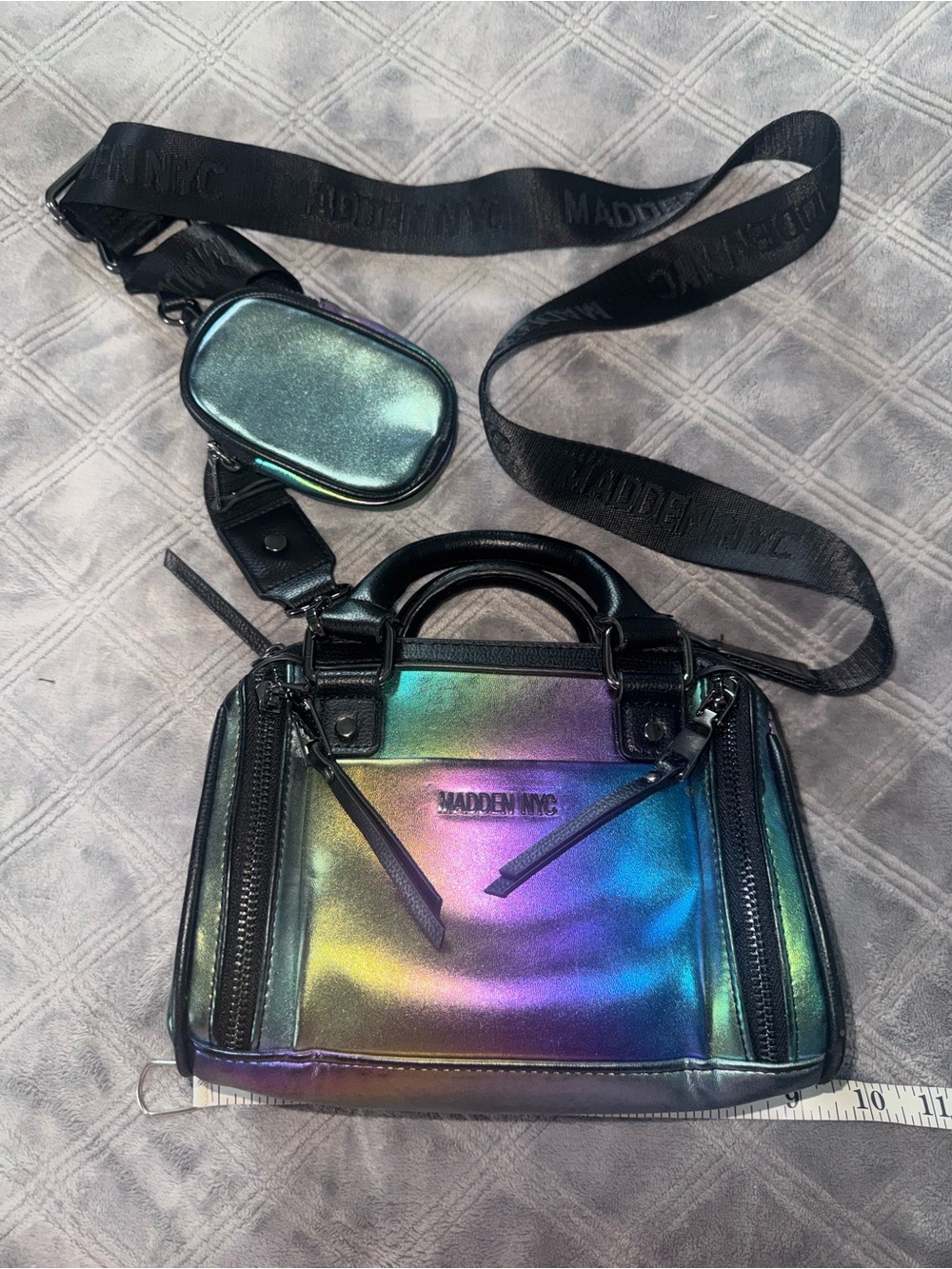 Madden NYC Iridescent Mini Top Handle Crossbody Barrel Bag with Pouch